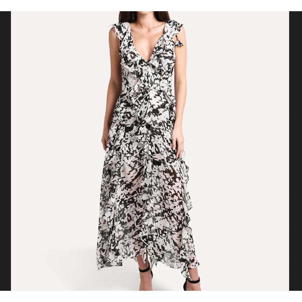 MISA Claudita white black ruffle pattern maxi dress sz L
